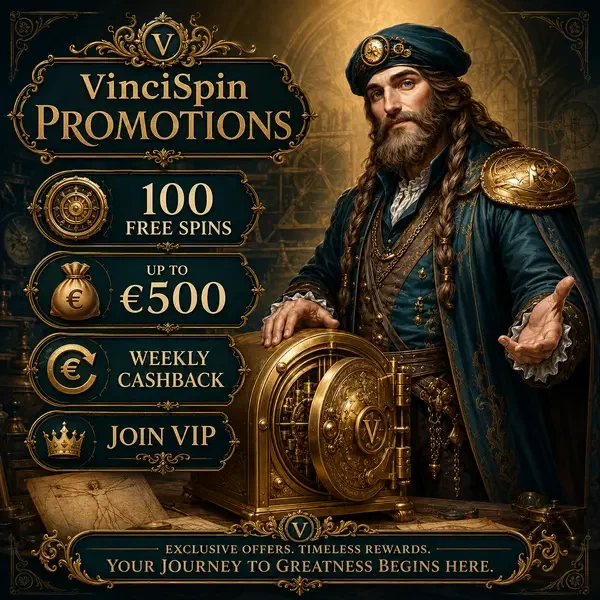 Figura distinguida presentando bóveda de casino en vivo VinciSpin llena de bonos de bienvenida dorados