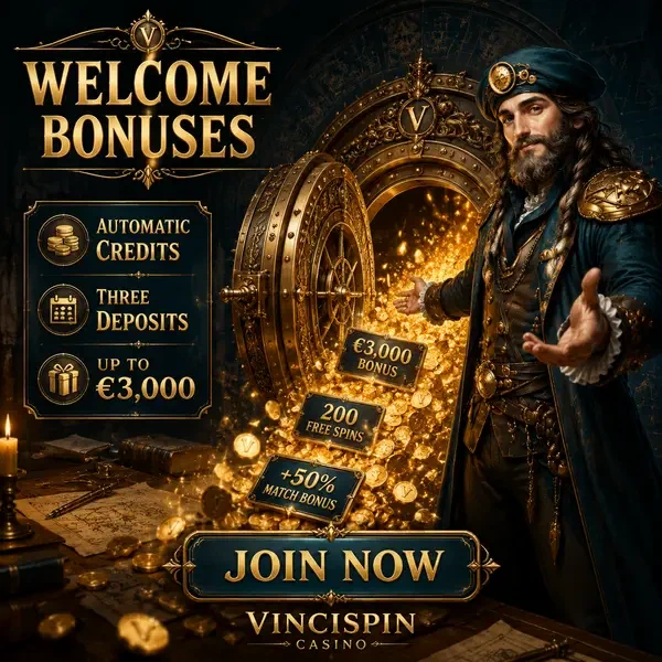 Maestro renacentista revelando bonos de bienvenida en bóveda dorada VinciSpin Casino después del inicio de sesión