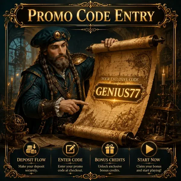 Inventor renacentista revelando pergamino de código promocional brillante en estudio del tesoro VinciSpin