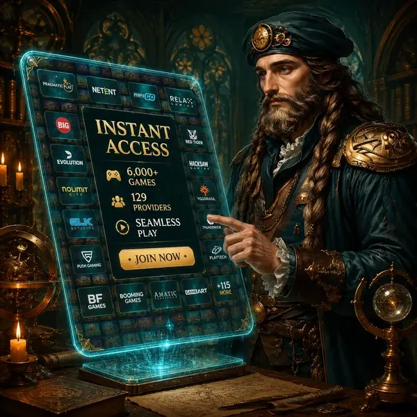 Maestro renacentista mostrando más de 6.000 juegos de 129 proveedores mientras el jugador se registra en el portal