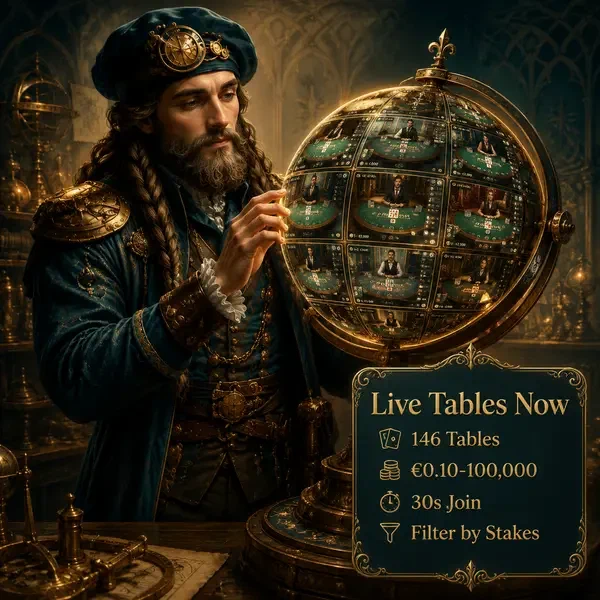 Maestro renacentista ajustando globo dorado mostrando transmisiones de casino en vivo en sala de juegos de la marca