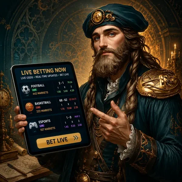 Figura renacentista analizando datos de apuestas deportivas en vivo en pantalla de tablet VinciSpin
