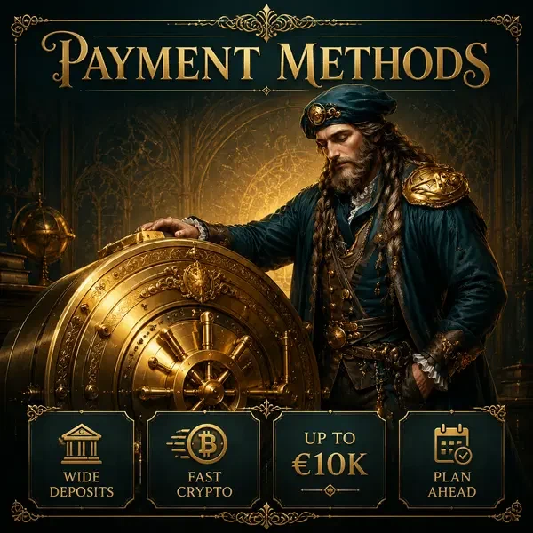 Renaissance master studying golden vault at VinciSpin payment methods desk