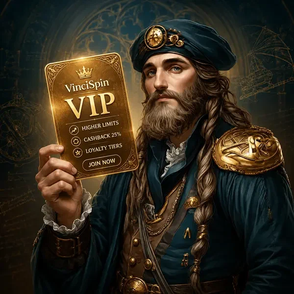 Renaissance engineer examining VinciSpin VIP golden loyalty card with exclusive rewards
