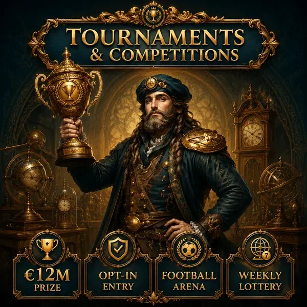 Renaissance master holding ornate trophy at VinciSpin tournaments with prize competitions