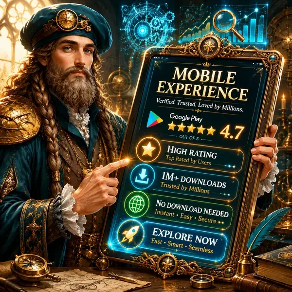 Renaissance inventor analyzing VinciSpin mobile app ratings on glowing ornate tablet